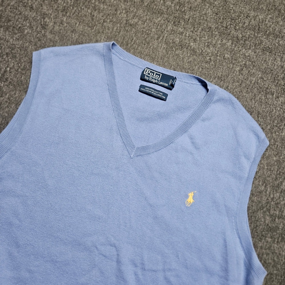 Polo Ralph Lauren Sweater Vest Mens L Light Blue Pima Cotton V-Neck Yellow Pony
